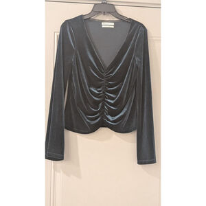 Women's Urban Outfitters Teal Velvet Ruched V-Neck Blouse M
